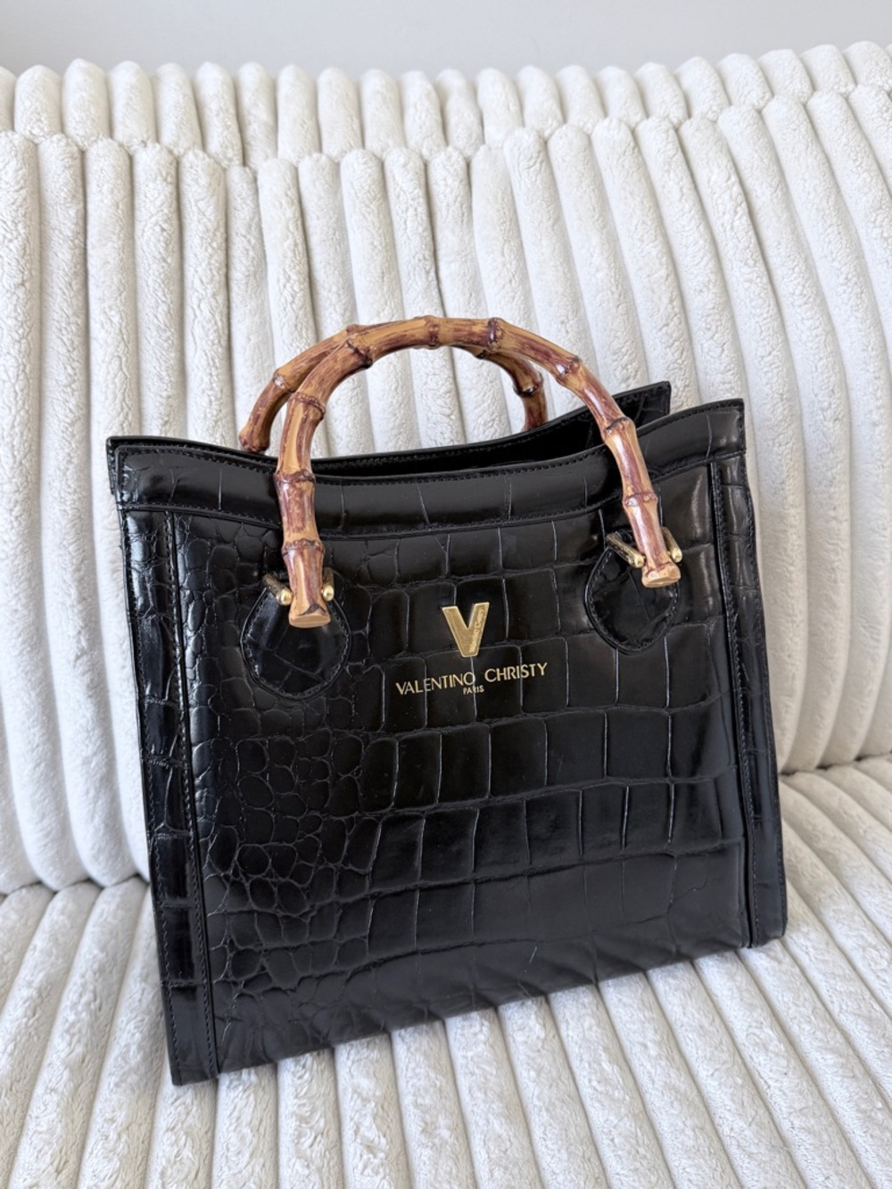 Valentino Christy Black Croc-Embossed Top-Handle Bag with Bamboo Handles